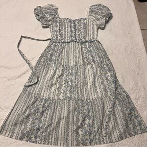 & merci Women’s Large White & Blue Midi Maxi Cotton Puff Sleeve Dress W Pockets